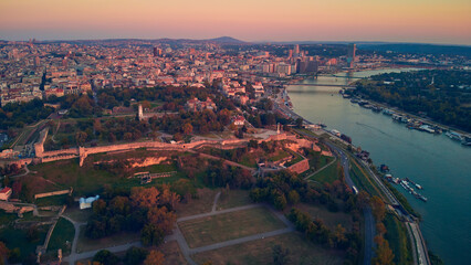 Aerial view of Belgrade rivers and cityscape, Serbia.