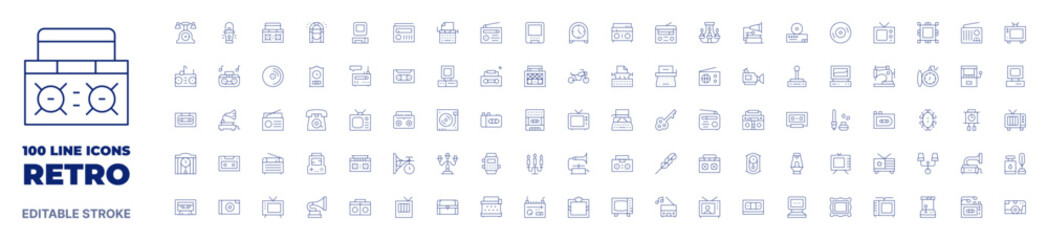 100 icons Retro collection. Thin line icon. Editable stroke. Retro icons for web and mobile app. - obrazy, fototapety, plakaty