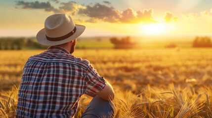 Farmer reflecting on a day's work in the golden wheat field at sunset.