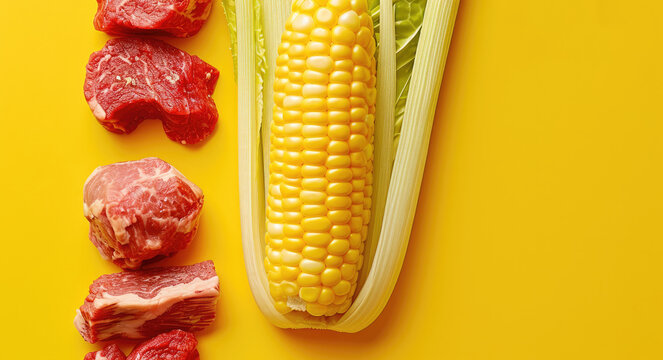 pieces of raw meat and a cob of corn laid out on a yellow background