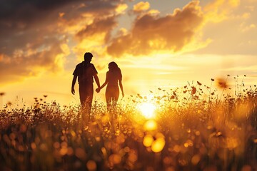 Walking loving couple in the blooming meadow. Sunset. Young couple hugging standing back outdoor. Summer field grass flowers horizon on sun background. Friendly family concept. Full length. Happy time