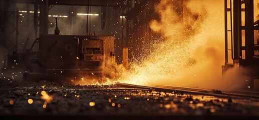 Furnace in a smelter for forging metal, industrial landscape, sparks