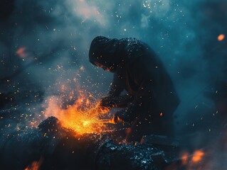 Obraz premium blacksmith forging a mighty hammer amidst swirling mist and sparks, capturing the essence of craftsmanship and power. The orange glow of molten metal contrasts with the cool blues