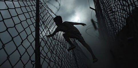 Young escapee scaling a chain-link fence topped with barbed wire, emphasizing the physical and emotional challenges of the escape. - obrazy, fototapety, plakaty