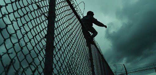 Young escapee scaling a chain-link fence topped with barbed wire, emphasizing the physical and emotional challenges of the escape.