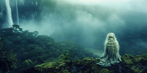 Venezuelan beauty with platinum blonde hair, elegantly positioned amidst the lush greenery of Canaima National Park. The mist from Angel Falls in the background adds an ethereal quality