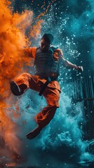 martial artist executing a powerful kick while wearing a bulletproof vest, showcasing the versatility of the protective gear. High-speed photography freezes the motion, and the color palette  - obrazy, fototapety, plakaty