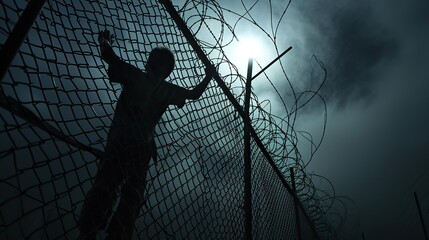 Young escapee scaling a chain-link fence topped with barbed wire, emphasizing the physical and emotional challenges of the escape.