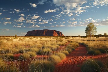 Uluru (Ayers Rock) standing against a backdrop of the vast Australian outback. The play of light and shadow accentuates the rock's majestic presence, creating a powerful and awe-inspiring composition.