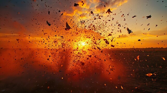 Precise moment a clay pigeon shatters into fragments against the backdrop of a vivid sunset. The use of high-speed photography freezes the explosion, creating a stunning array of suspended debris.