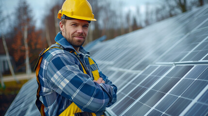 Obraz premium A confident engineer stands with arms crossed in front of solar panels on the roof
