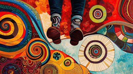 Pair of feet stepping confidently onto a vibrant, abstract path of swirling patterns and symbols. The image encourages embracing the urge to embark on unique journeys and forge one's path in life.