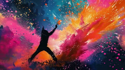Türaufkleber Stylized silhouette of a person confidently brandishing a shimmering blade amidst a chaotic explosion of colorful powder resembling fireworks. The overall vibe pays homage to pop art. © Oskar Reschke