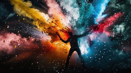 Stylized silhouette of a person confidently brandishing a shimmering blade amidst a chaotic explosion of colorful powder resembling fireworks. The overall vibe pays homage to pop art. - obrazy, fototapety, plakaty