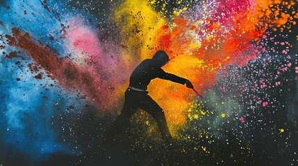 Stylized silhouette of a person confidently brandishing a shimmering blade amidst a chaotic explosion of colorful powder resembling fireworks. The overall vibe pays homage to pop art. - obrazy, fototapety, plakaty