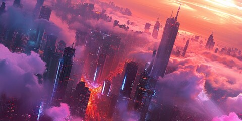 Futuristic cityscape with towering skyscrapers piercing through the clouds. The artist draws inspiration from the cyberpunk genre, infusing the image with neon lights and a sense of verticality - obrazy, fototapety, plakaty