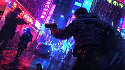 Futuristic law enforcement officer in a cyberpunk setting, instructing a suspect to drop a high-tech weapon. - obrazy, fototapety, plakaty