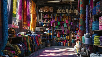 Bustling energy of a haberdashery shop, with bolts of colorful fabrics and spools arranged in a vibrant tapestry.