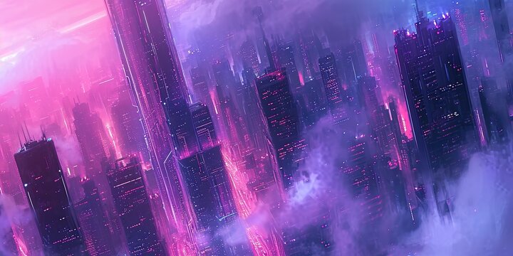Futuristic cityscape with towering skyscrapers piercing through the clouds. The artist draws inspiration from the cyberpunk genre, infusing the image with neon lights and a sense of verticality