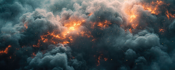 Intense flames peak through billowing dark smoke in a dramatic display of fire's destructive power.	
