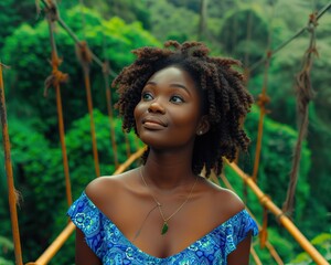 Nigerian girl with radiant, sun-kissed skin against the backdrop of the Lekki Conservation Centre's canopy walkway. Her expressive eyes reflect a sense of adventure and curiosity. - obrazy, fototapety, plakaty