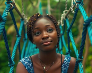 Nigerian girl with radiant, sun-kissed skin against the backdrop of the Lekki Conservation Centre's canopy walkway. Her expressive eyes reflect a sense of adventure and curiosity.