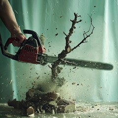 Person using a powerful chainsaw to cut a small twig, creating a humorous and exaggerated depiction of overkill in everyday tasks. The energetic and playful scene draws inspiration from the humorous