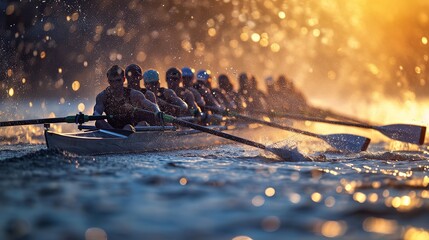 Synchronized rowing team in action, oars slicing through the water in unison. The energy and coordination evoke the spirit of teamwork. - obrazy, fototapety, plakaty