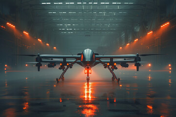 Futuristic Combat Drone: A sleek, armored drone with multiple rotors, equipped with surveillance cam