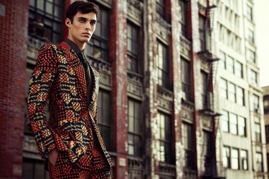Modern twist on a suit, with a fashion-forward man model sporting a bold, patterned suit against an urban backdrop. The image blends traditional tailoring with contemporary style.