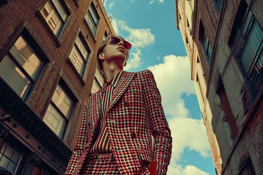 Modern twist on a suit, with a fashion-forward man model sporting a bold, patterned suit against an urban backdrop. The image blends traditional tailoring with contemporary style.
