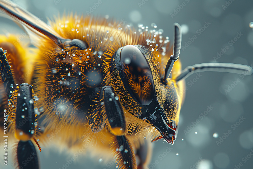 Poster A close-up shot where pollen grains on a bee's back are actually tiny worlds, each with its own land