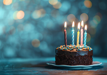 A chocolate birthday cake with colorful candles on blue bokeh background, copy space for text - obrazy, fototapety, plakaty