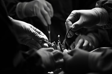 Focused hands of a surgical team as they delicately maneuver instruments during a procedure. The image emphasizes the skilled precision required in medical operations. - obrazy, fototapety, plakaty
