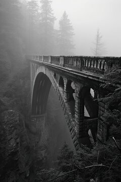Black and white photograph of an old, weathered bridge spanning a deep gorge. The fog shrouding the bridge adds an air of mystery, symbolizing the unknown journey of the final passage.
