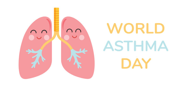 World asthma day. Vector illustration of world asthma day awareness poster with healthy lungs and inhaler.