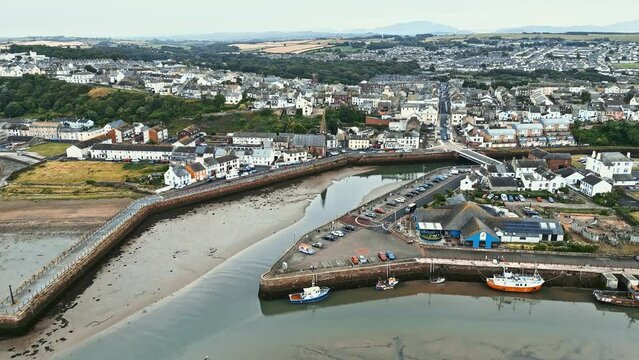 Drone footage over Maryport fishing village in Allerdale a borough of Cumbria, England