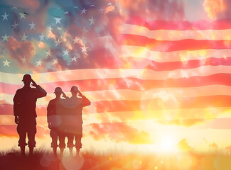 Silhouette of army veterans against American flag at sunset, patriotic concept.
 - obrazy, fototapety, plakaty