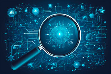 Obraz premium Magnifying glass examines artificial intelligence, in the world of digital computers, in a vector style. Generative AI