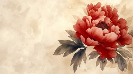 Delicate watercolor illustration capturing the graceful beauty of a dark red and white peony flower, accompanied by intricate leaves, set against a cream-colored backdrop.