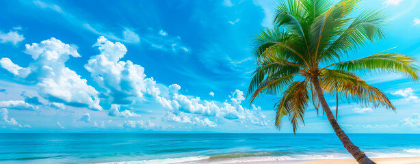 Tropical beach with palm tree and blue sky. Wide banner with copy space.