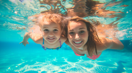 Underwater smiling sisters in pool, summer holiday vibe, shallow field of view.