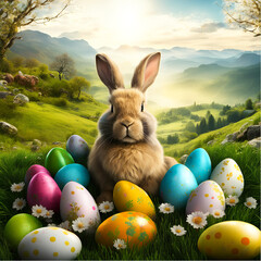 Easter eggs and bunny in picturesque place