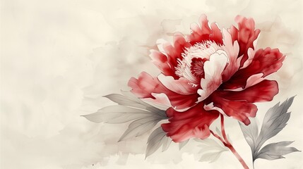 Watercolor painting merge seamlessly to depict a stunning peony flower in rich red and white tones, complemented by delicate foliage, all set against a cream backdrop.