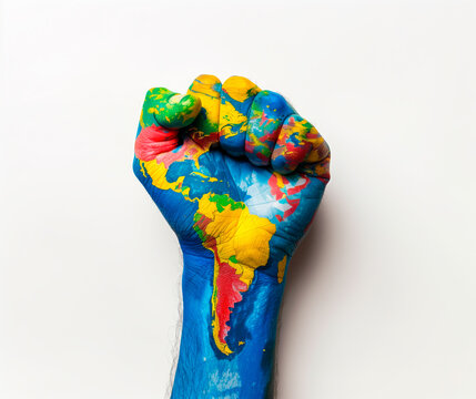 Raised fist painted with world map, South America, empowerment concept.