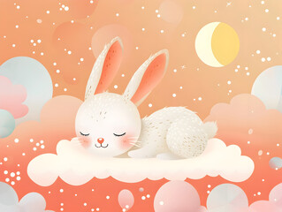 Cozy Sleeping Rabbit Curled on Pastel Cloud Under Crescent Moon and Starry Night Sky