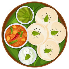 Idli with Sambar & Chutneys in Thali - Indian Food Top View Illustration 