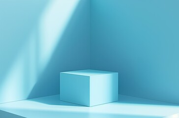 A blue cube is sitting in a room with a blue wall. The cube is empty and the room is bright and sunny