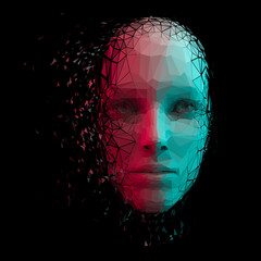 Vector low poly female face disintegrating in cyberspace. 3D geometric shapes scatter on a black background.