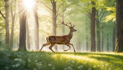 Fototapeta premium A graceful spotted deer strides through a sun-drenched forest, with beams of light casting a serene glow on the vibrant green undergrowth.. AI Generation